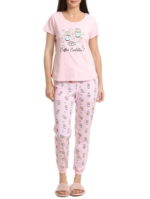 pink printed cotton nightwear pajama set - 15297495 - Very Small Image - 1