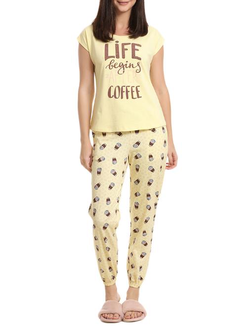 yellow printed cotton nightwear pajama set - 15297496 - Very Small Image - 1