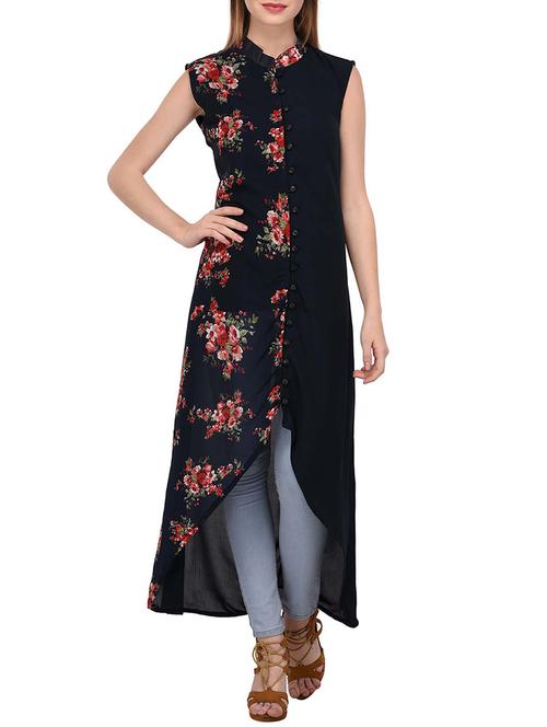 black synthetic asymmetric kurta - 15297670 - Very Small Image - 1