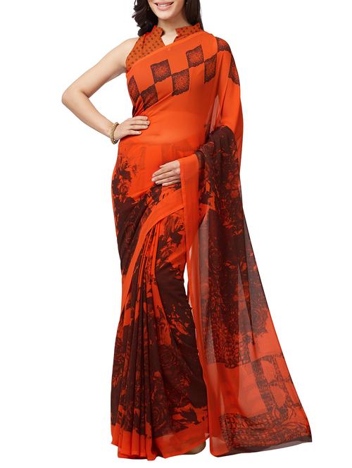 orange georgette printed saree with blouse - 15300251 - Very Small Image - 1