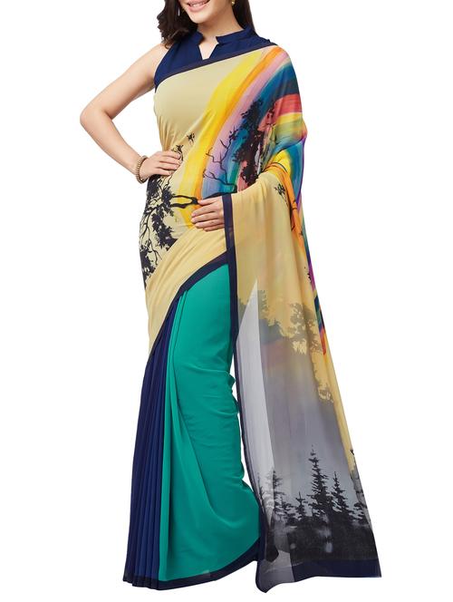 beige georgette half & half saree with blouse - 15300256 - Very Small Image - 1