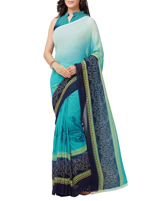turquoise georgette printed saree with blouse - 15300258 - Very Small Image - 1