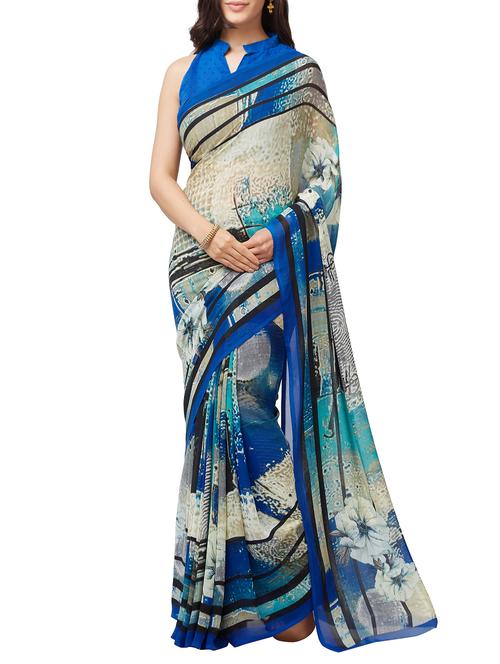 blue georgette printed saree with blouse - 15300260 - Very Small Image - 1