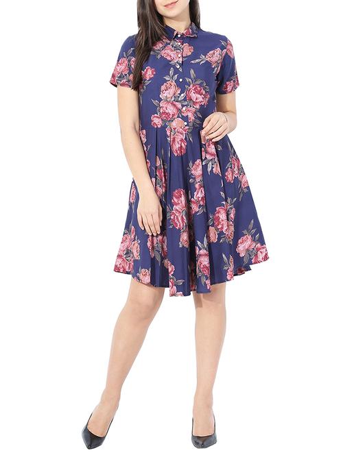 floral shirt collar pleated dress - 15300285 - Very Small Image - 1