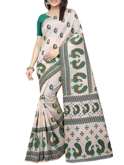 cream printed saree with blouse - 15301212 - Very Small Image - 1