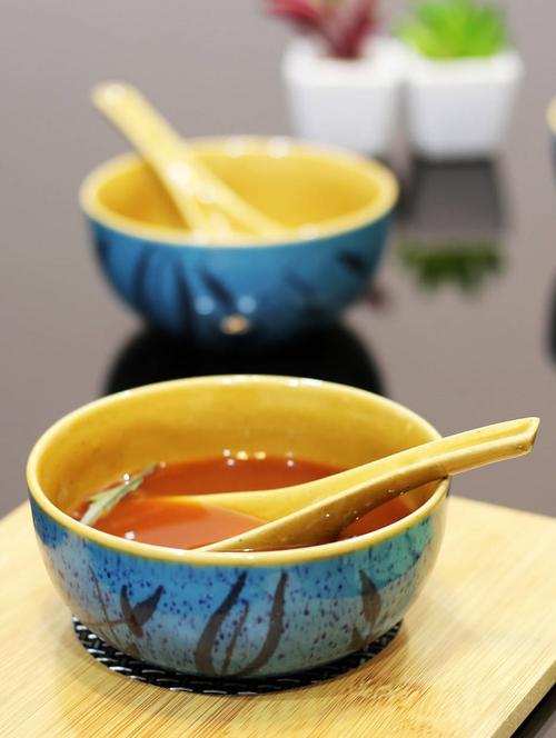 kittens hand painted light blue ceramic soup bowl with spoon - set of 4 - 15310970 - Very Small Image - 1