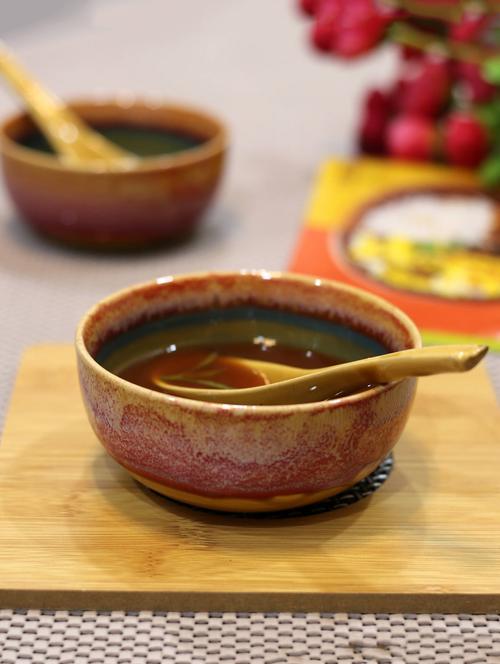 kittens glossy pink n mustard ceramic soup bowl with spoon - set of 2 - 15310973 - Very Small Image - 1