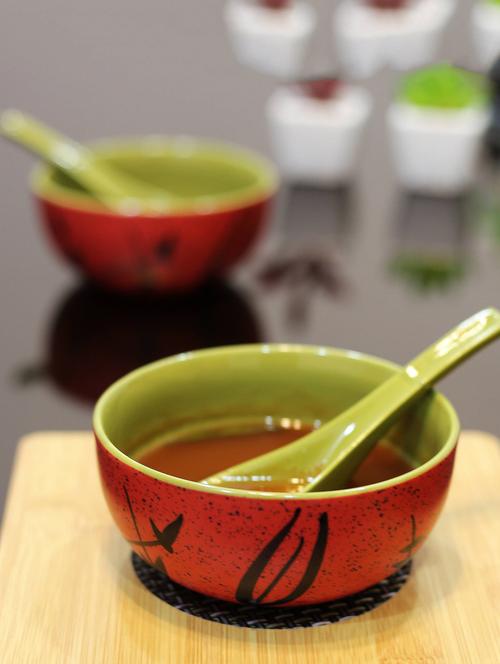 kittens hand painted in speckled red ceramic soup bowl with spoon - set of 2 - 15310975 - Very Small Image - 1