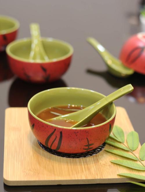 kittens hand painted in speckled red ceramic soup bowl with spoon - set of 4 - 15310976 - Very Small Image - 1