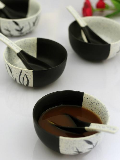 kittens hand painted in speckled black n white ceramic soup bowl with spoon - set of 4 - 15310978 - Very Small Image - 1