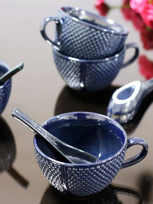 kittens royal blue dotted surface pattern handled soup bowl with spoon - set of 4 - 15310982 - Very Small Image - 1