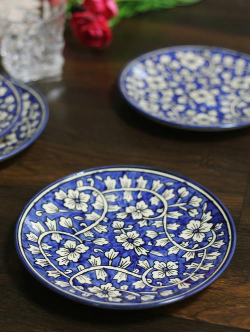 blue 8" dinner plates hand painted in mughal art - set of 4 - 15311005 - Very Small Image - 1