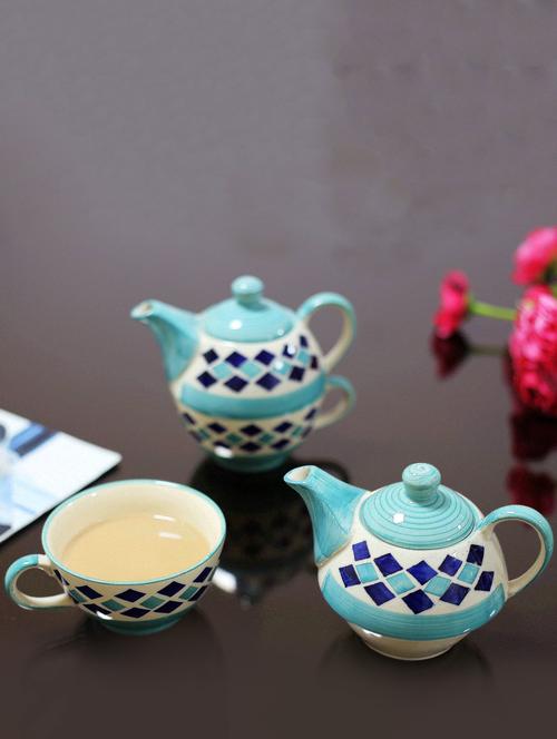 twin set ceramic pot & cup hand painted in blue and sea green diamond pattern - 15311007 - Very Small Image - 1