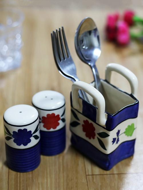 ceramic salt n pepper dispensers and cutlery holder set - handpainted in blue & red - set of 3 - 15311010 - Very Small Image - 1