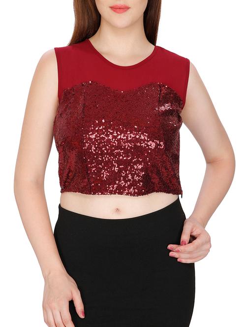 sequin sheer yoke and sleeve crop top - 15318796 - Very Small Image - 1