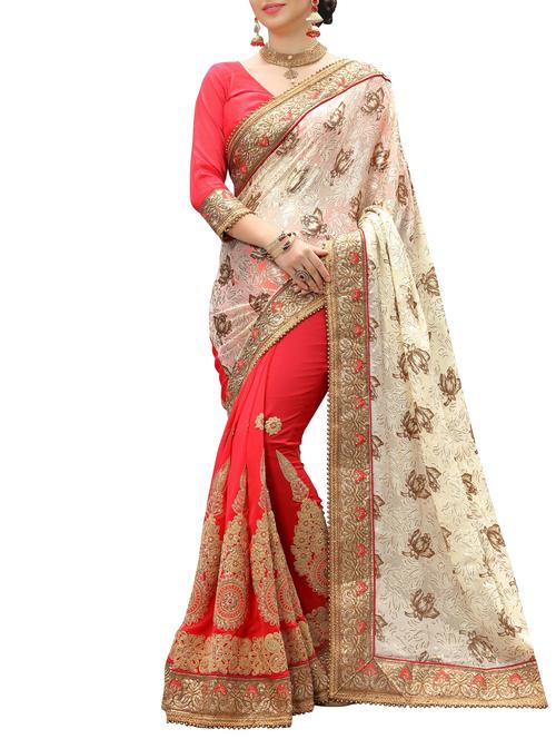 embroidered half and half georgette saree with blouse - 15318976 - Very Small Image - 1