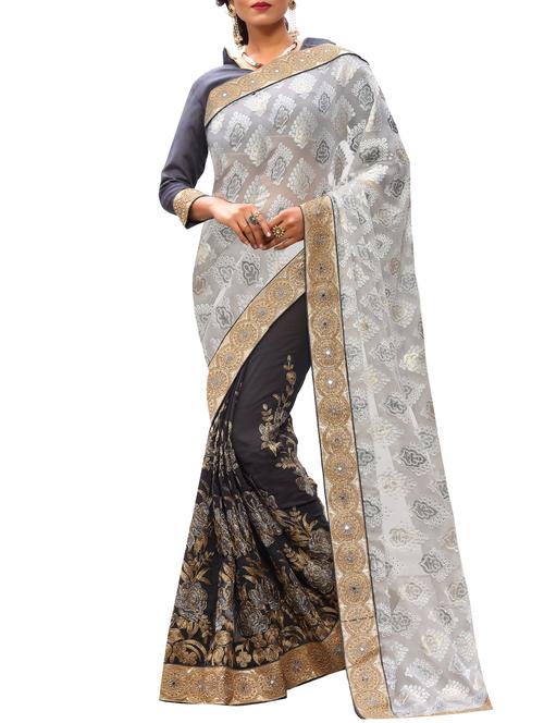 embroidered half and half georgette saree with blouse - 15319053 - Very Small Image - 1
