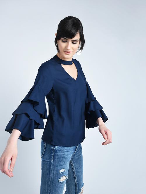 layered ruffle sleeved choker neck top - 15320385 - Very Small Image - 1