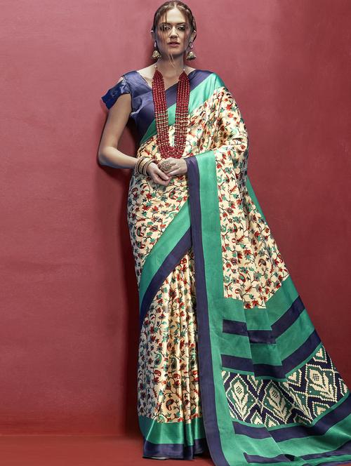 contrast bordered printed saree with blouse - 15323300 - Very Small Image - 1