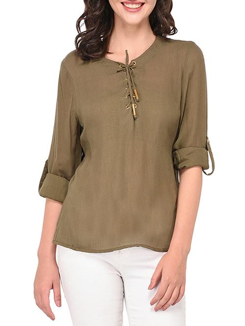 drawstring neck roll up sleeve top - 15323419 - Very Small Image - 1