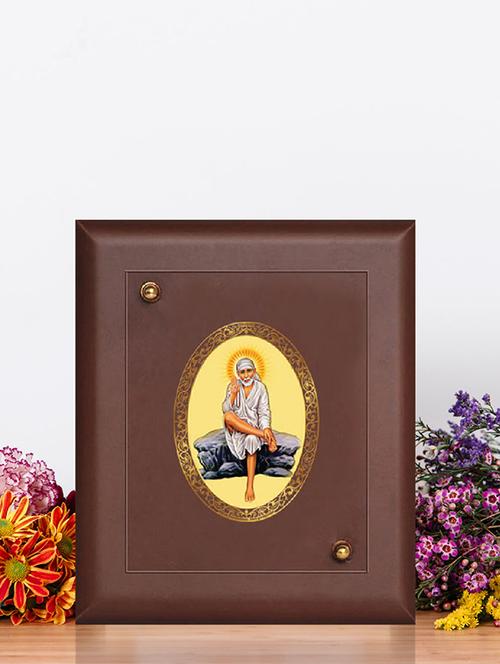 mdf wall hanging frame gold plated royal foil sai baba sitting on stone - 15325369 - Very Small Image - 1