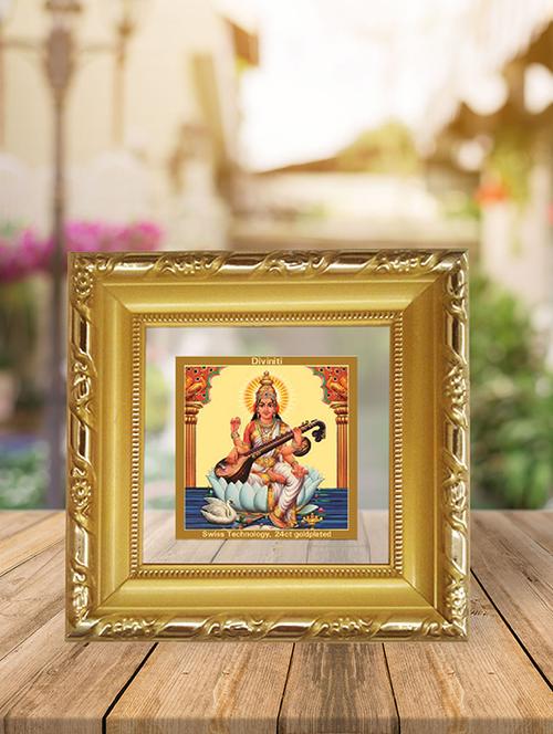 double glass photo frame gold plated saraswati sitting on lotus - 15325552 - Very Small Image - 1