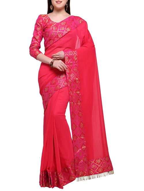 jacquard border georgette saree with blouse - 15326544 - Very Small Image - 1