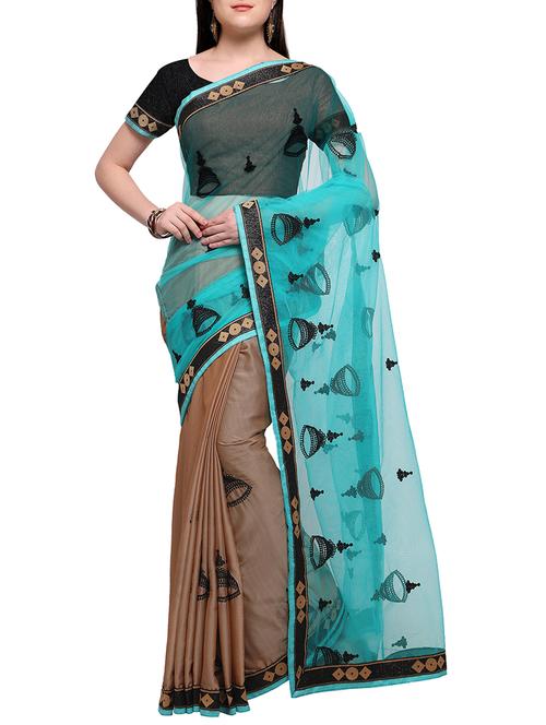 turquoise embroidered half & half saree with blouse - 15326559 - Very Small Image - 1