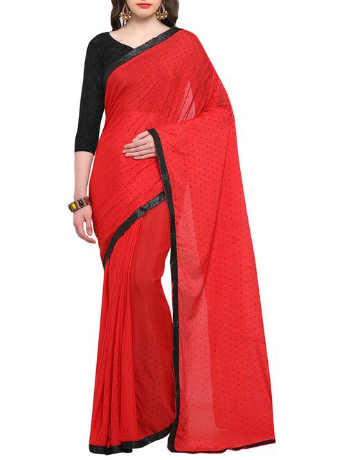 embellished georgette red saree with blouse - 15326560 - Very Small Image - 1