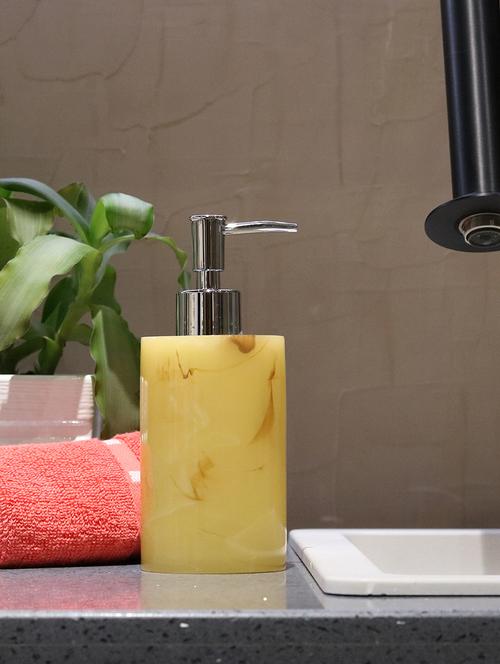 liquid soap dispenser, yellow polyresin soap dispenser for kitchen, bathroom or common basin - 15327177 - Very Small Image - 1