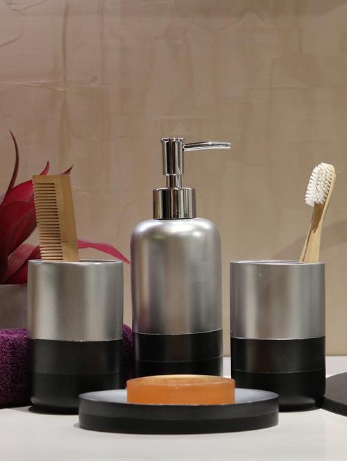black & silver polyresin bath set collection of liquid soap dispenser, toothbrush holder, tumbler and soap dish - 15327404 - Very Small Image - 1