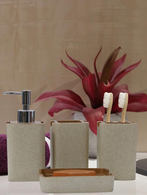 cream & brown polyresin bath set collection of liquid soap dispenser, toothbrush holder, tumbler and soap dish - 15327407 - Very Small Image - 1