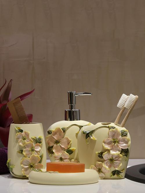 cream polyresin bath set collection of liquid soap dispenser, toothbrush holder, tumbler and soap dish - 15327412 - Very Small Image - 1