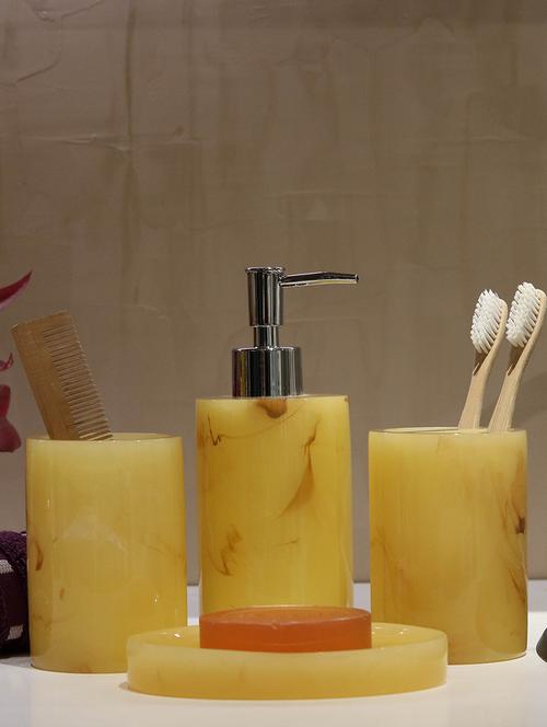 yellow polyresin bath set collection of liquid soap dispenser, toothbrush holder, tumbler and soap dish - 15327415 - Very Small Image - 1