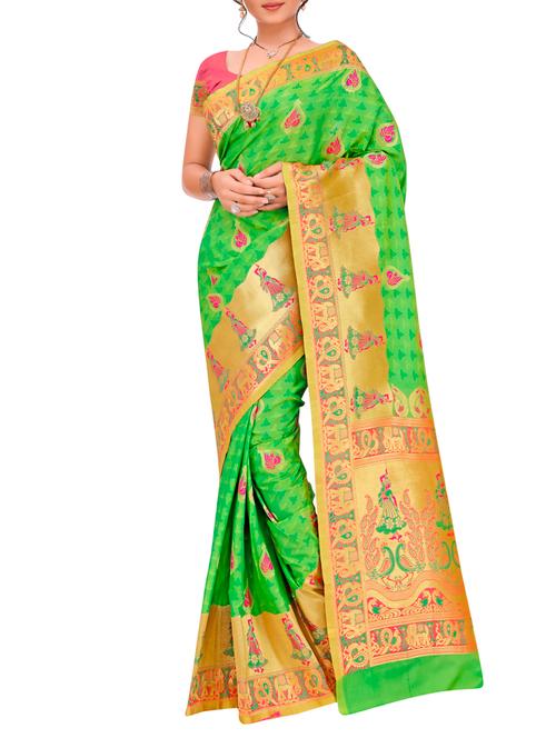 green silk kanjivaram saree with blouse - 15333153 - Very Small Image - 1