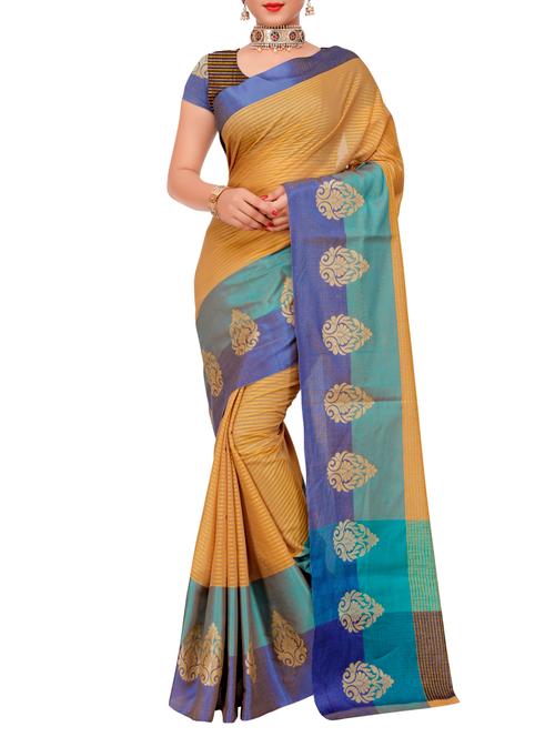 striped beige woven saree with blouse - 15333304 - Very Small Image - 1