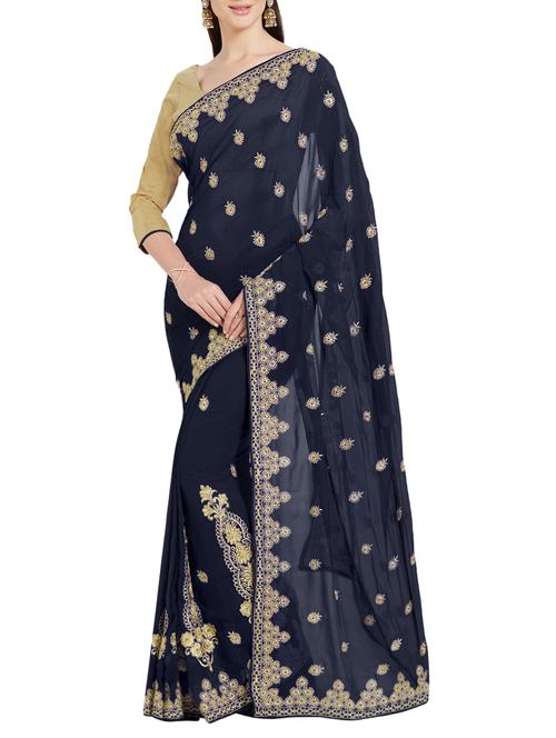 heavy embroidered navy blue saree with blouse - 15335439 - Very Small Image - 1