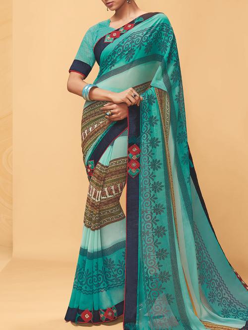 contrast bordered printed saree with blouse - 15337644 - Very Small Image - 1