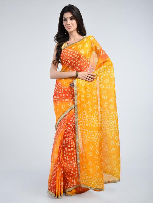 delicate golden lace bandhani saree with blouse - 15341309 - Very Small Image - 1