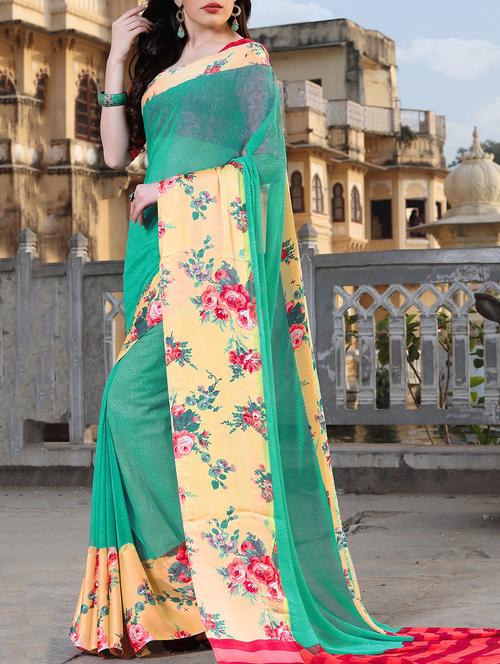 floral border turquoise saree - 15344231 - Very Small Image - 1