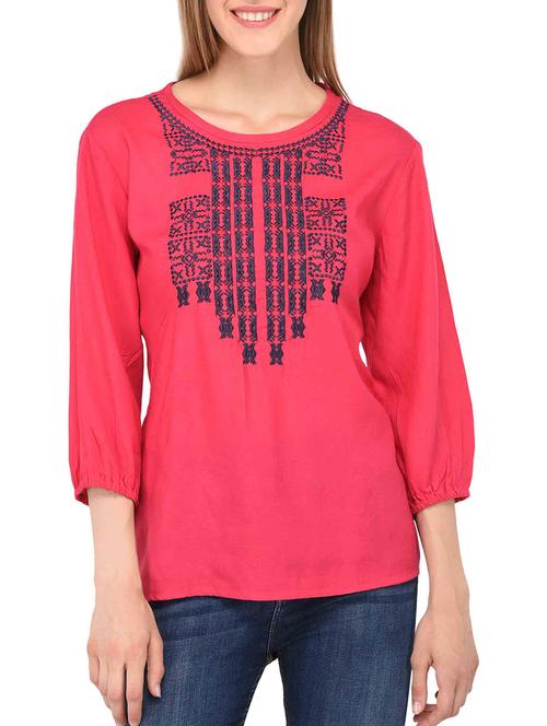 embroidered detail round neck top - 15349477 - Very Small Image - 1