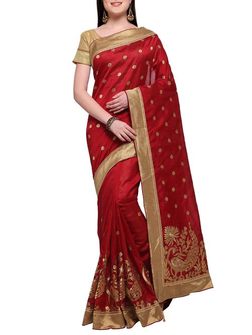 zari embroidered maroon saree with blouse - 15353750 - Very Small Image - 1