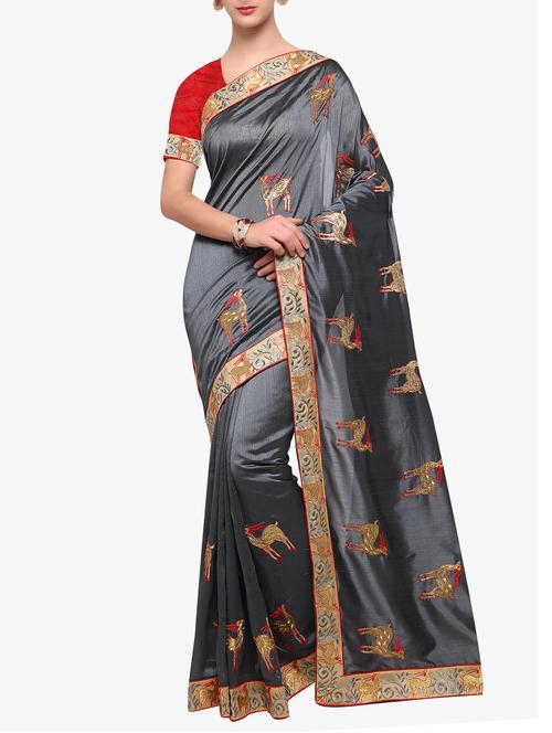 thread embroidered grey saree with blouse - 15353753 - Very Small Image - 1