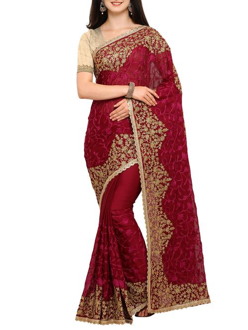 thread embroidered magenta saree with blouse - 15353766 - Very Small Image - 1