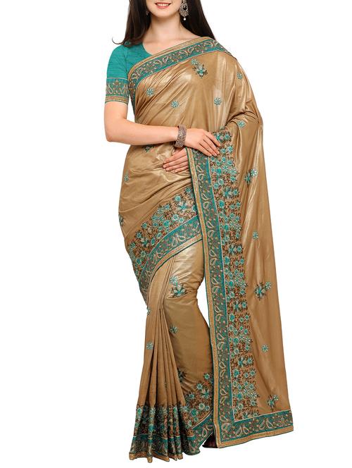 floral embroidered beige saree with blouse - 15353767 - Very Small Image - 1