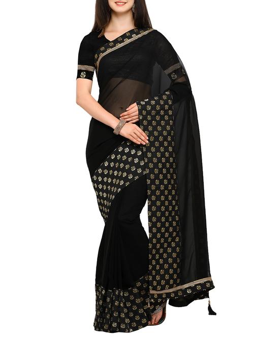 jacquard rose border saree with tassels with blouse - 15353768 - Very Small Image - 1