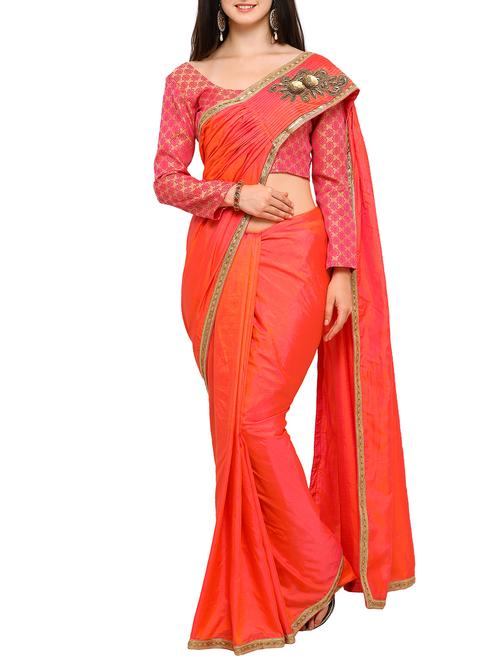 patchwork fusion orange saree with blouse - 15353771 - Very Small Image - 1