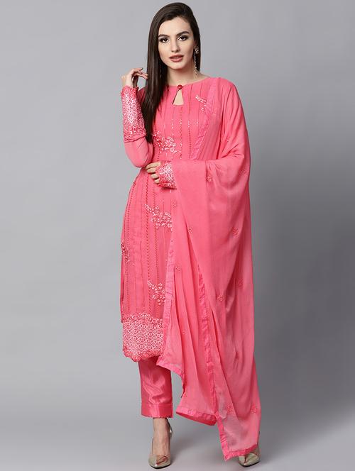 floral embroidered unstitched straight pant suit - 15354692 - Very Small Image - 1