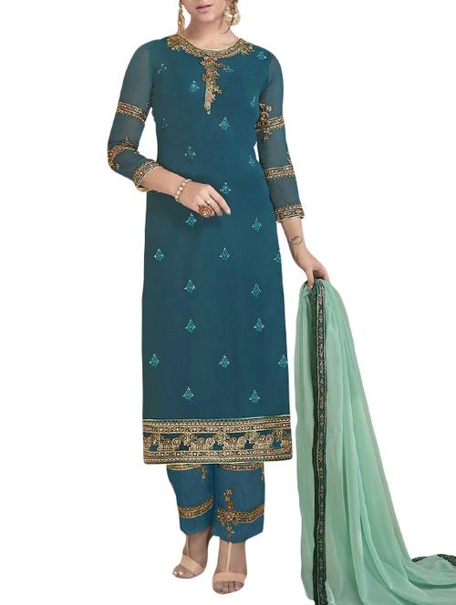 embroidered semi-stitched straight pant suit - 15355391 - Very Small Image - 1