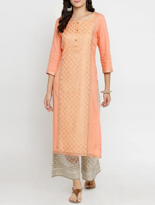 gold block print kurta & palazzo set - 15359802 - Very Small Image - 1